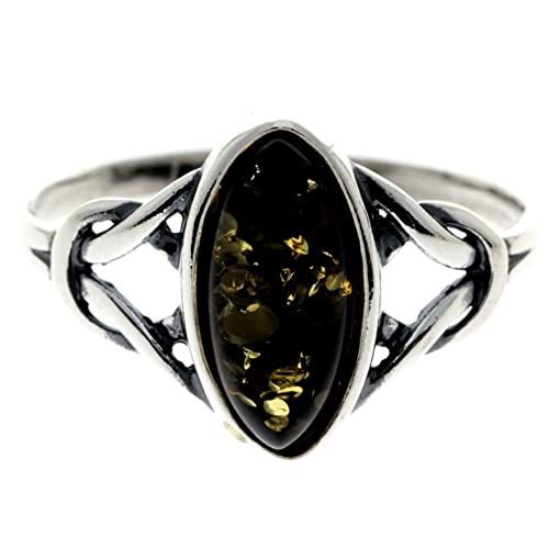 SilverAmber Jewellery Silberner Bernsteinschmuck – Designerring mit keltischen Knoten aus 925er Sterlingsilber und grünem baltischen Bernstein – UK-Ringgröße T – 7503GT