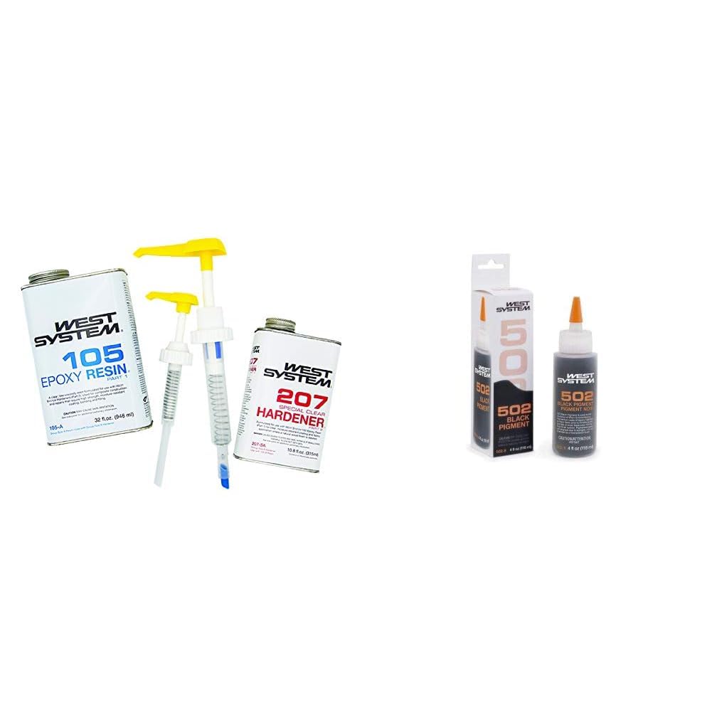WEST SYSTEM 105A Epoxy Resin (32 fl oz) Bundle with 207SA Special Clear Epoxy Hardener (10.6 fl oz) and 300 Mini Pumps Epoxy Metering 3-Pack Pump Set (3 Items) & 502-8 Black Pigment 4 Ounces