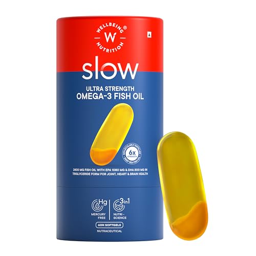 Wellbeing Nutrition Slow 6X Strength Omega 3 Fish Oil Capsules | 2400mg with 1080mg EPA and 800mg DHA & Curcumin | Supports Heart, Brain & Joint Health| 60 Softgel