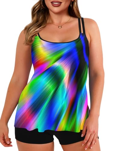 Haloumoning Plus Size Swimsuit for Women with Swim Shorts Two Piece Bathing Suits Tankini Tie Dye Print Tank Tops Swimwear