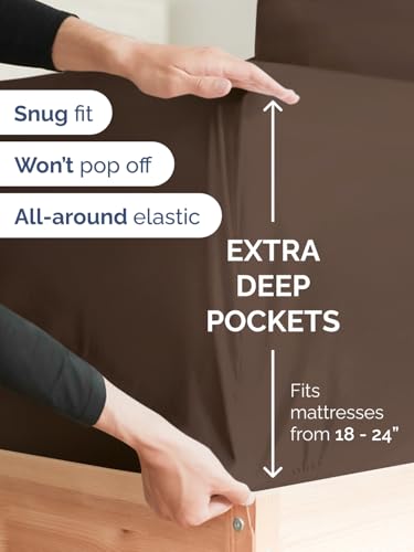 Image of Extra Deep Split King Fitted Sheet - Single Fitted Sheet Only - Brown | Easily Fits 18 inch to 24 inch Mattress, Soft, Wrinkle Free, Breathable & Comfy, Extra Deep Pockets Hotel Luxury Fitted Sheet