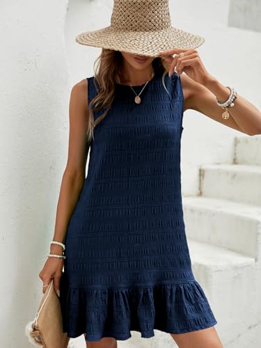 Image of SOLY HUX Women's Ruffle Hem Sleeveless Tank Dress Round Neck Casual Smock Summer Mini Dresses Deep Blue, 4X-Large