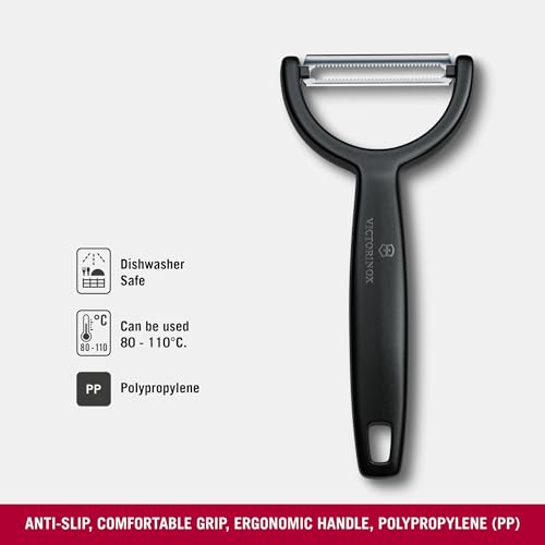 Image of Victorinox Swiss Made Stainless Steel Swiss Classic Ypso Peeler, Serrated Double Edge Peeler for Professional and Household Kitchen, Black, Long Fruit & Vegetable Peeler | 6.0963.3