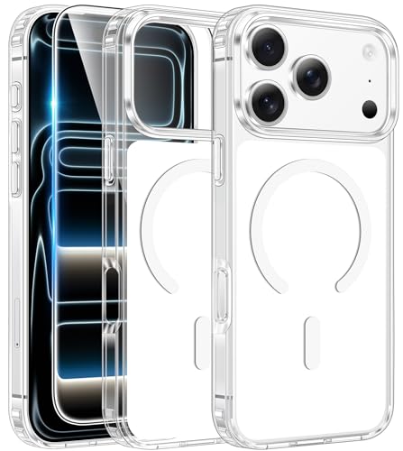 Image of FNTCASE for iPhone 17 Pro-Max Case: Clear Magnetic Phone Cases with Screen Protector Compatible with Magsafe Slim Anti Yellowing Rugged Shockproof Protective Transparent Cell Cover (B-A White)