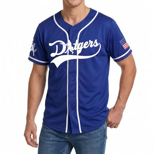 Baseball Button Up Shirt for Men Quick-Dry Graphic Sporty Style Game Day Fan Jersey with Left-Side Buttons(Blue, XL)