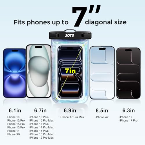 Image of JOTO Up to 7 inch Universal Waterproof Phone Case for iPhone 16 15 14 13 Plus Pro Max, IPX8 Cellphone Dry Bag 12 11 Pro Max XR X 8 7 6S Plus SE, Galaxy S23 S22 S21 S20+ S20 S10 Plus Note, Pixel -Sparkle