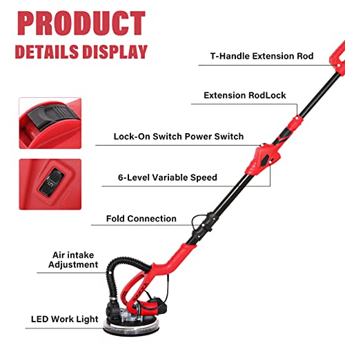 Vistreck Drywall Sander, 710W Electric Drywall Sander With Vacuum, 6 Variable Speeds 1000-1850Rpm, Foldable Has Dust Bag, Led Light, 14Pcs Sanding Discs, Power Disc Sanders With Carrying Bag #TOP1