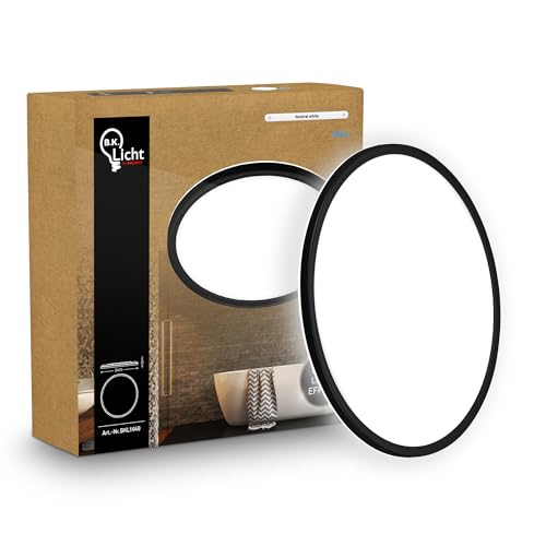 B.K.Licht - Panel LED plano con iluminación indirecta, luz blanco neutro, IP44, plafon led techo baño, lámpara techo, lámpara baño, plafon cucina, 42 x 3 cm, negro