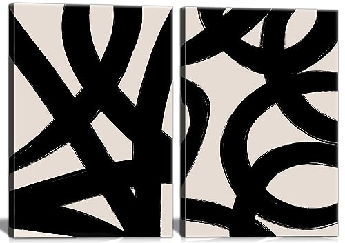 Framed Abstract Wall Art Canvas Set Lines Pictures Modern Mid Century Boho Wall Decor Minimalist Abstract Black Stroke Lines Canvas Painting Artwork Living Room Bedroom Home Office 12'x16'x2