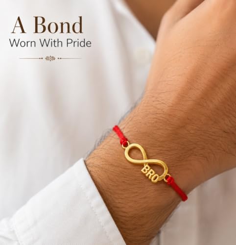Image of Gold Plated Designer Rakhi Bracelet for Brother | Infinity, Heart, Evil Eye & BRO Designs | Raksha Bandhan Rakhi with Roli Chawal & Greeting Card
