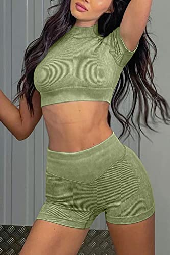 Meyeeka Women Workout Set Athletic Tracksuits Yoga Running Ruched Butt Lifting Booty Short With Paded Crop L #TOP2