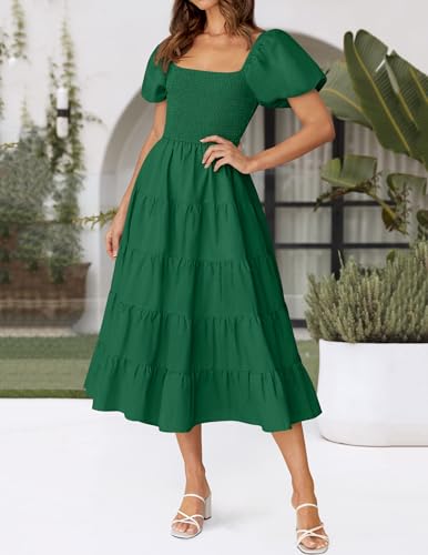 Image of ZESICA Women's 2026 Summer Puff Sleeve Midi Dress 2026 Boho Solid High Waist Flowy Beach Wedding Guest Long Dresses