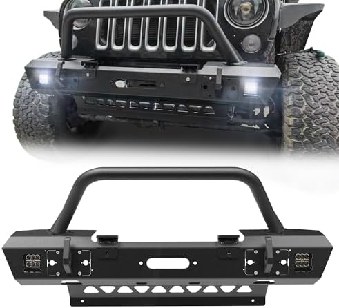 Off Road Front Bumper Fit For Jeep Wrangler JL JLU and for Gladiator JT 2018-2024, Steel Bumper w/Sensor Holes, Winch Plate, 2 x LED Lights, Bull Bar Stubby Front Bumper Front Skid Plate