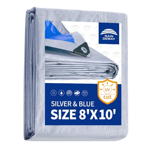 RAINDEWAY Tarps 8x10 Feet, 5.5 Mil - Multipurpose Waterproof Poly Tarp Cover with Metal Grommets and Reinforced Edges, Silver/Blue Tarp