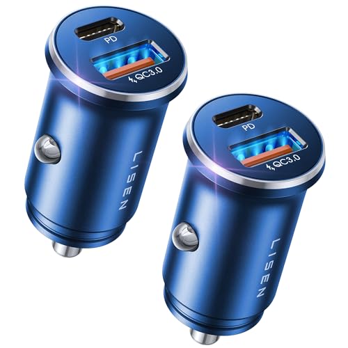 Image of LISEN 54W Car Phone Charger USB C, Cigarette Lighter Adapter, Car Accessories for iPhone, USB C Car Charger Adapter USBC Type C 12v, Fit for iPhone 16, 15, 14, 13 Samsung Google iPad Android, Blue | Cigarette Lighter USB Charger, Car Accessories for Men Women Father, All Metal USB Car Charger, 2-Pack, Blue