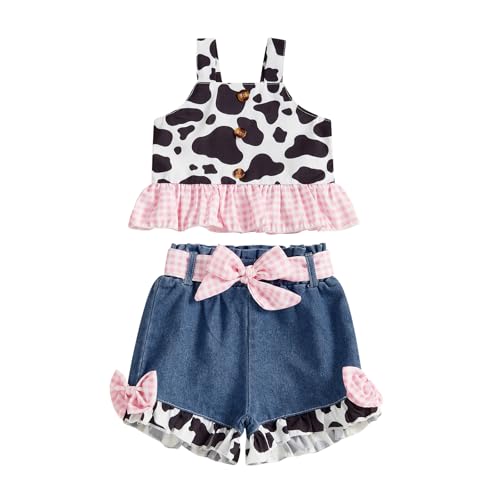 Emmababy Toddler Cowgirl Outfit Denim Set Kids Jean Shorts Ruffle Crop Tank Top and Ripped Denim Outfit Western Clothes 0-6T