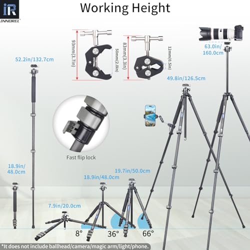 Image of INNOREL P254CF 63 inch Carbon Fiber Travel Tripod,Professional Compact Camera Tripod Stand for Digital DSLR Travel with Low Gravity Center Ball Head Special-Shaped Center Column Max Load 26.5 lbs /12 kg