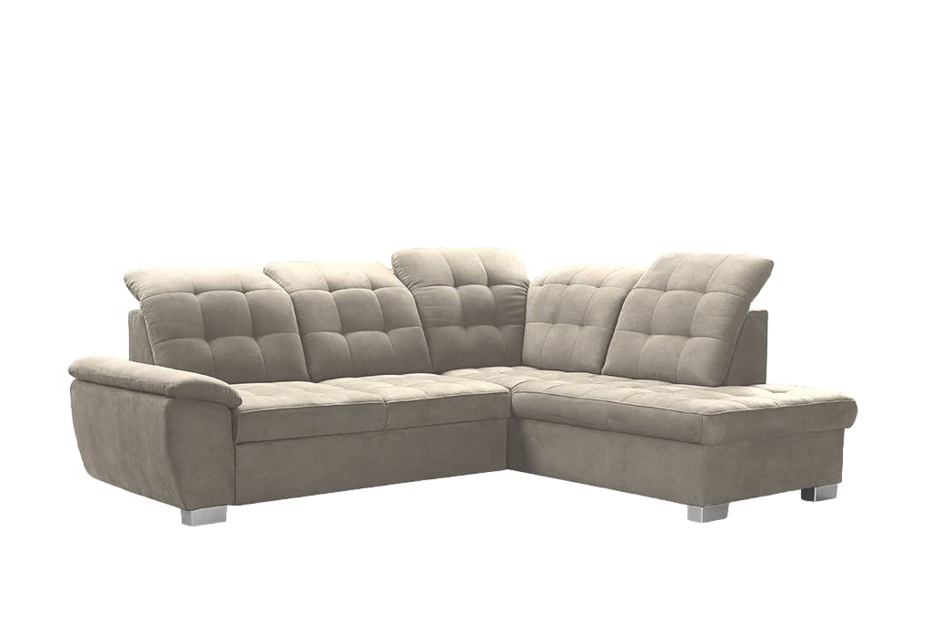 Sofa narożna Lotta 258 x 212 x 108 cm – nowoczesna sofa, wygodna z bardzo elastycznej pianki, ze skrzynią na pościel, z funkcją spania, miękki i przyjemny w dotyku materiał welurowy (Asti 1)
