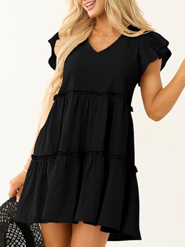 Women’s Summer Babydoll Mini Dress V Neck Tie Back Ruffle Sleeve Casual Tiered Loose Flowy Swing Tunic Shift Dress2