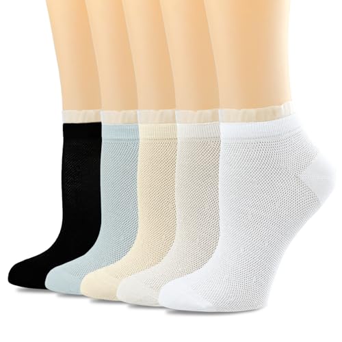 bropapa Women's Ankle Socks,Frilly Lace Top, Thin Cotton, Breathable Mesh,Cool Casual Short Socks 5 Pack(Size5-9)
