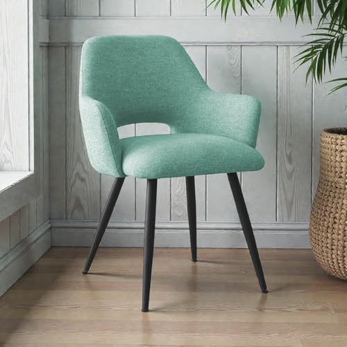 Image of Finch Fox Motel Luxurious Home Collection Upholstery Fabric Arm Dining Room Chairs in Pista Color with Black Metal Powder Coated Legs (Set of 4)