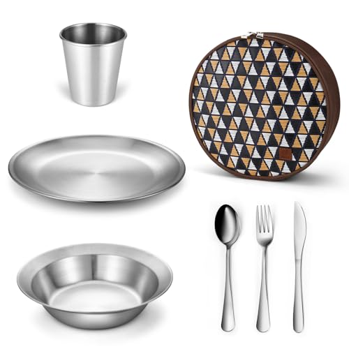 Odoland Campingbesteck Set Geschirrset 7 PCS aus Edelstahl Tafelservice mit Etui Messer Gabel Löffel Teller Kaffeebecher ideal für 1 Person Outdoor Reisen Wandern Camping