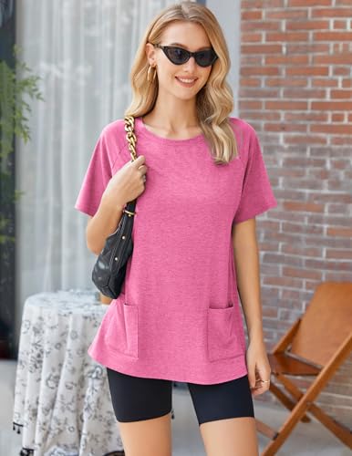 Image of Ekouaer Two Piece Sets for Women Summer Outfits 2026 Lounge Set Crew Neck Tshirts Biker Short Sweatsuit with Pocket