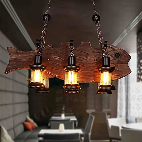 Lámpara Colgante de Madera con Forma de pez, Industrial Retro, costero, de 6 Luces, para Restaurante, con Pantalla Tipo Farol para Comedor, Restaurante y Bar.