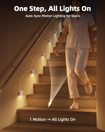 EZVALO 6 Pack Motion Sensor Night Lights, Sync LED Stair Lights Indoor, 1500mAh Rechargeable, Magnetic & Dimmable, 3000K - Additional View
