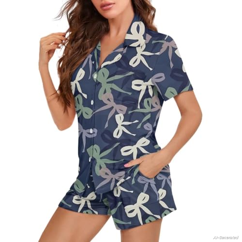 Image of Renewold Button Down Womens Pajama Set Short Sleeve Loungewear Bow Nightwear Sleepwear Night Suit Tops Shorts 2 Pieces