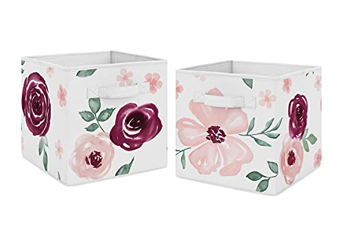 Image of Sweet Jojo Designs Burgundy Watercolor Floral Foldable Fabric Storage Cube Bins Boxes Organizer Toys Kids Baby Childrens - Set of 2 - Blush Pink Maroon Wine Rose Green Shabby Chic Flower Farmhouse