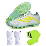 JABASIC Kinder Fußballschuhe fürFirm Ground Jungen Mädchen Fußballschuhe mit Schienbeinschutzen und Fußballsocken (32EU,White Green)