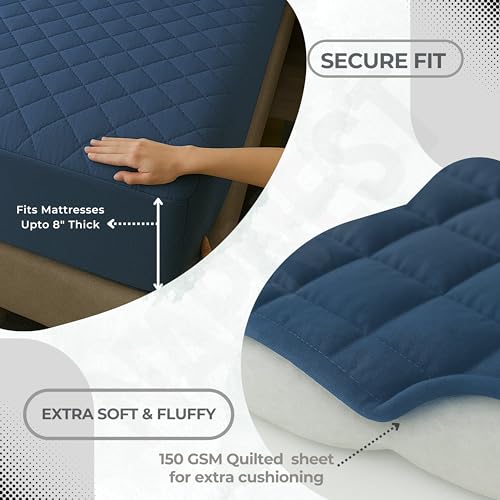 Image of TCD Waterproof Cotton Quilted - Breathable, Hypoallergenic, Noiseless Ultra Soft Fitted Bed Cover with 3 Layers of Protection, 100% Waterproof, No-Slip Design | Blue, Queen (60 * 75)