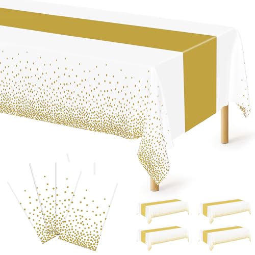 Image of 4Pack Disposable Plastic Table Cloths for Parties, 54 inch x 108 inch White and Gold Rectangle Table Covers, Waterproof Tablecloth for Rectangle Tables Suitable for New Years Eve Thanksgiving Wedding Supplies