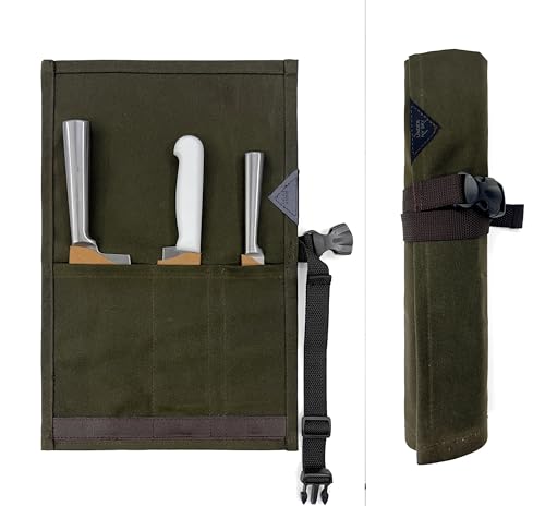 Under NY Sky Estojo Porta Facas - 3 Bolsos, Case em Lona Parafinada Grossa, Reforço de Couro - Bolsa Rolo Porta Facas - Chef, Grill, Churrasco - Verde