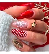 TULOBI Christmas Press on Nails Medium Almond Fake Nails Xmas Snowflake Designs Red and White Str...