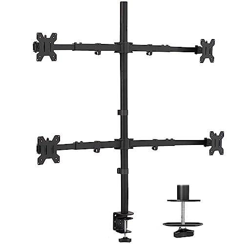 Image of VIVO Premium Quad Ultra Wide LCD LED 27 to 38 inch Monitor Desk Mount, Heavy Duty C-clamp, Extra Tall Pole, Adjustable Telescoping Arms, Flush Wall Setup, Fits 4 Screens, Black, STAND-TS38C-4