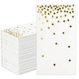 DYLIVeS 100 Pack White and Gold Foil Polka Dots Confetti Guest Towel Napkins, Disposable Hand Towels