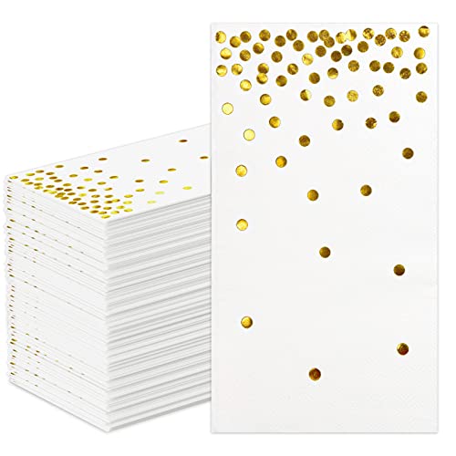 Dylives 100 Pack White And Gold Foil Polka Dots Confetti Guest Towel Napkins, Disposable Hand Towels Dinner Paper Napkins For Picnic Wedding Anniversary Birthday Cocktail Christmas Party Supply, 3-Ply #TOP5