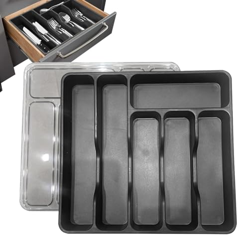 Bandeja para cubiertos con tapa, soporte para cubiertos para cajón | Portacubiertos para cajón de cocina – Portacubiertos para utensilios con tapa 6 compartimentos para cubiertos cuchillos