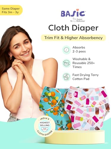Image of Superbottoms Basic Leakage-proof advanced cloth diapers for babies, High Absorbent 100% cotton 2 reusable diaper and 2 insert pad Combo Pack washable cloth diaper 3M -3Years Adjustable, Reduces Rash