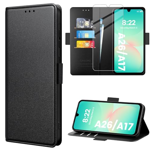 caslord Coque Compatible avec Samsung Galaxy A17/A26 [Verre Trempé Protection *1][Pochette de Portefeuille*3][Blocage RFID][ Premium PU] Etui à Rabat avec...