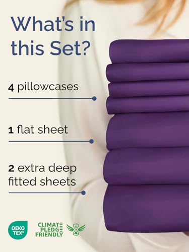 Image of Extra Deep Split King Sheet Set - 7 Piece Breathable & Cooling - Purple | Hotel Luxury Bed Sheets Set, Easy & Secure Fit, Ultra-Soft, Wrinkle & Fade Free, Comfy Sheets Set with Extra Deep Pockets