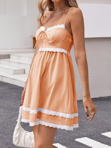 Image of Wenrine Womens Summer Mini Dress Spaghetti Strap Sweetheart Y2K Plaid Lace Trim Tiered Beach Sundress Dresses