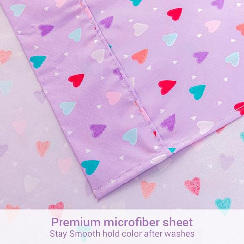 Image of Viviland 4 Pieces Girls Purple Full Sheet Set - Soft Microfiber Fitted Flat Sheets & Pillowcases - Colorful Hearts Printed Bedding Sets - for Kids & Toddlers