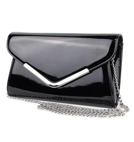 Schompi Vintage Damen Lack-Tasche Abendtasche Clutch Bag mit abnehmbarer Schulterkette Kettentasche, Farbe:Schwarz