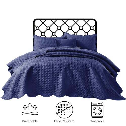 IR Imperial Rooms Queen Quilt Bedding Set Size (90" x 96") + 2 Pillow Shams (20" x 26"+ 2") - 3 Pcs All Season Lightweight Reversible Microfiber Coverlet Embossed Quilt Bedspread (Navy)
