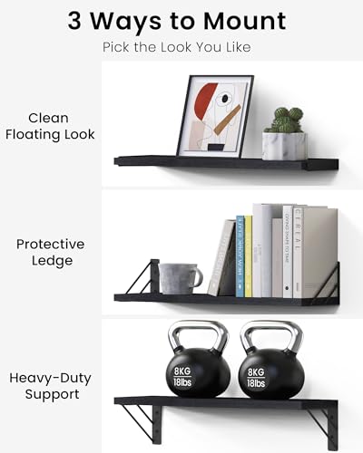 BAYKA Wall Mounted Floating Shelves, Wood Floating Wall Shelf for Books & Decor, Small Space-Saving Display & Organizer（Black，Set of 3）