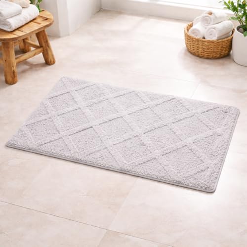 Image of Premium Combed Cotton Tufted Bathmat 50 x 80 cm, 1800 GSM Soft Absorbent Anti Skid Bathroom Floor Mat with Latex Backing, Quick Dry Non Slip Bath Rug for Shower & Daily Use, Diamond Silver
