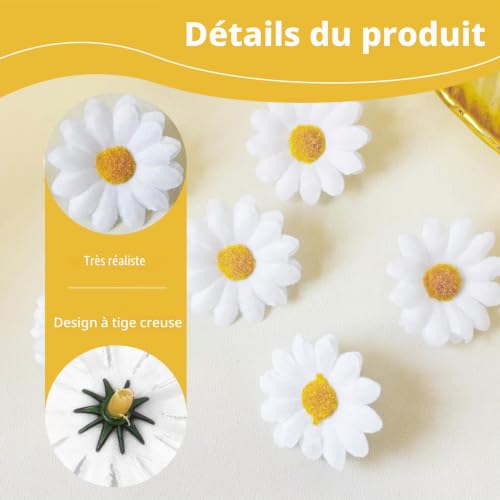 Nievajio Lot de 120 têtes de marguerites artificielles blanches - Marguerites réalistes en soie avec tige creuse pour bricolage, bouquet de mariage, couronne, décoration de fête, loisirs créatifs – vue 3